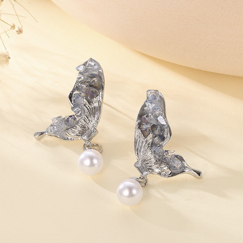 Buy Center Top Rated-Grey Butterfly Wings Pearl Earrings, Cute And Niche Design For Women, Earrings With Light Luxury Temperament, Earrings