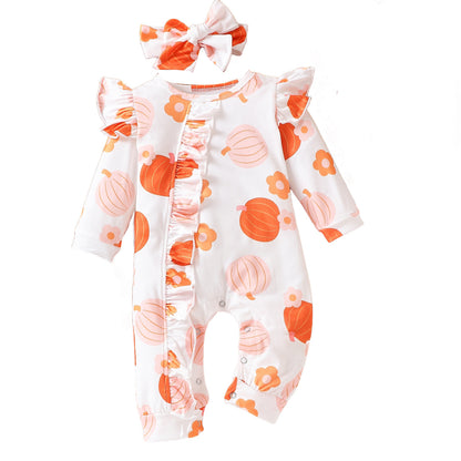 Hot New Items at Buy Center: Girls' Cartoon Pumpkin Ruffled Flounced Sleeve Long-sleeved Trousers Crawling Suit Jumpsuit Orange