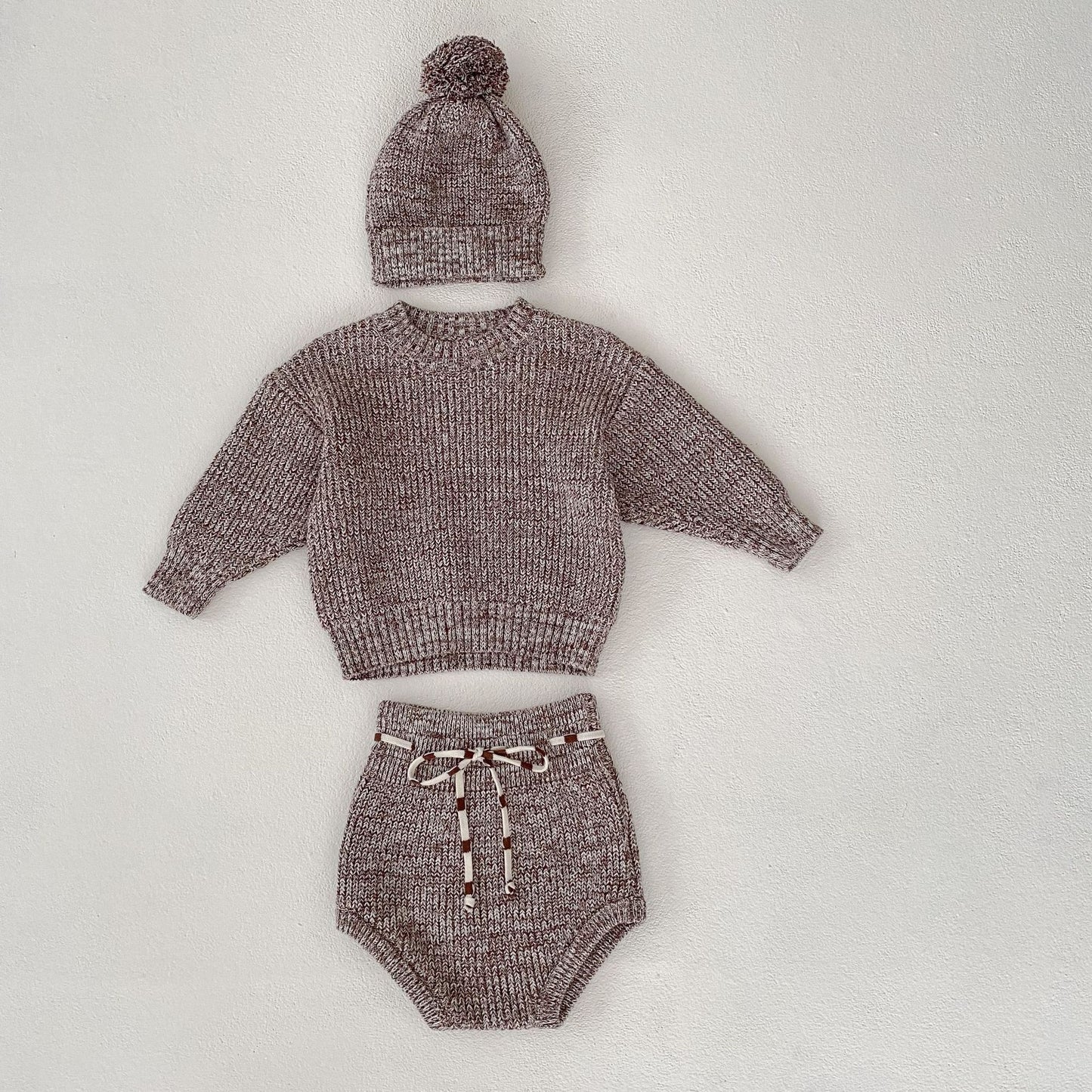 Newly Released at Buy Center: Infant Baby Girl Mixed Color Thick Needle Pullover Pants Pullover Fur Ball Knitted Hat 3-piece Set Suit Dark Brown Without Hat