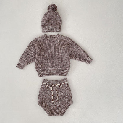 Newly Released at Buy Center: Infant Baby Girl Mixed Color Thick Needle Pullover Pants Pullover Fur Ball Knitted Hat 3-piece Set Suit Dark Brown Without Hat