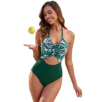 Just Arrived at Buy Center: Women's Printed Patchwork Leaf One-piece Swimsuit Green