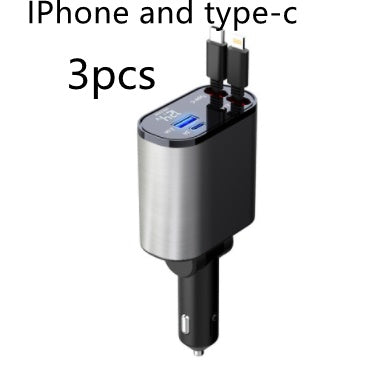 Metal Car Charger 100W Super Fast Charging Car Cigarette Lighter USB And TYPE-C Adapter Metal Silver Gray3pcs 100W