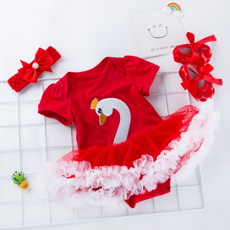 Swan Short Sleeve Baby's Gown Shoes Hair Accessories Three-piece Suit Buy Center