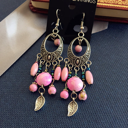 Buy Center Handpicked- Bohemian Retro Ethnic Style European And American Antique Silver Earrings Goddess Style Pink