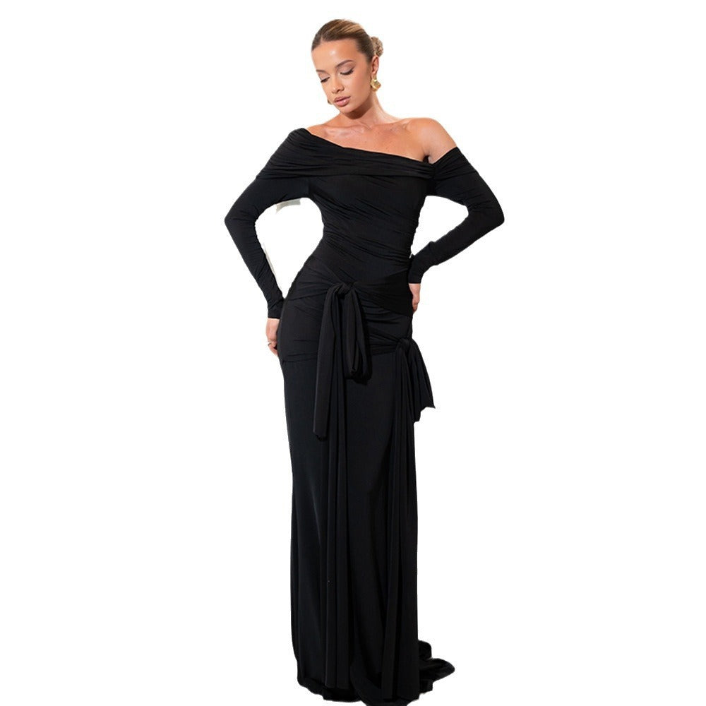 Women's Off-shoulder Pleated Tube Top Lace Tassels Pleating Dress Buy Center