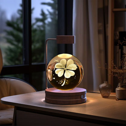 Crystal Ball Cosmic Dinosaur Indoor Night Light USB Power Warm Bedside Light Birthday Gift Night Lamp Fourleaf Grass Dark wood