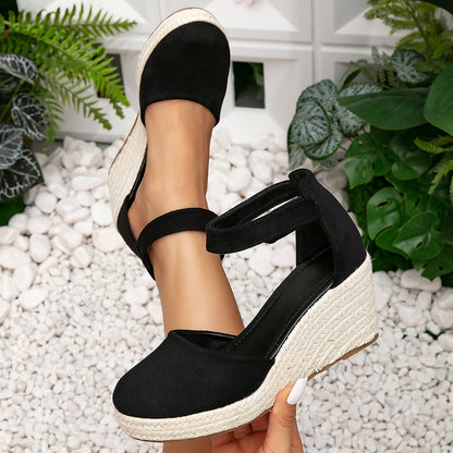 Hot New Items at Buy Center: Stylish Women's Sandals New Closed Toe Wedge Sandals Platform Straw Woven Hemp Rope Black