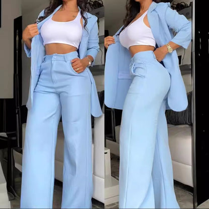 Buy Center Premium-Pure Color Split Sleeve Lapel Suit Straight-leg Pants Suit Women