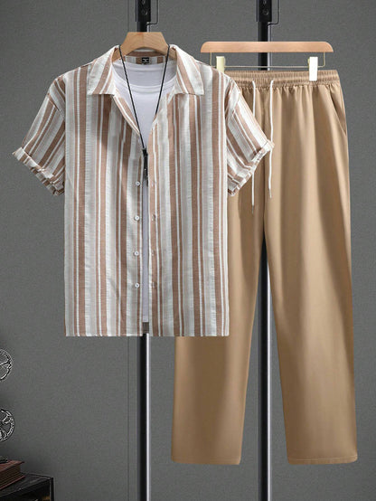 Ensemble chemise et pantalon à manches courtes à rayures, mode décontractée