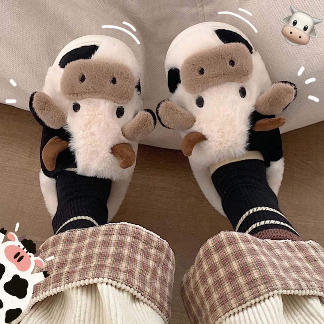 Cute Cow Animal Slipper For Women Girls Fashion Kawaii Soft Fluffy Winter Warm Slippers Woman Cartoon Milk Cow House Slippers Funny Shoes