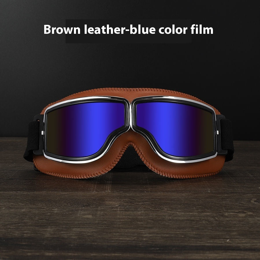 Hot New Items at Buy Center: Men's Retro Outdoor Goggles Brown Leather Frame Blue Color