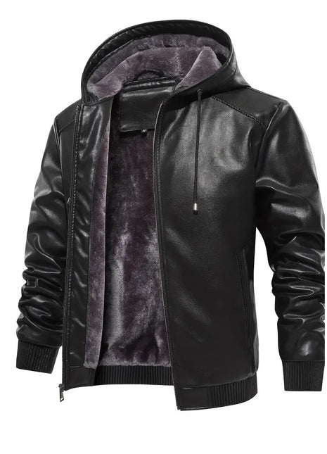 Winter Fleece-lined Men's Casual All-matching Hooded Leather Coat Coat | Men's Clothing-Outerwear & Jackets-Genui | Buy Center