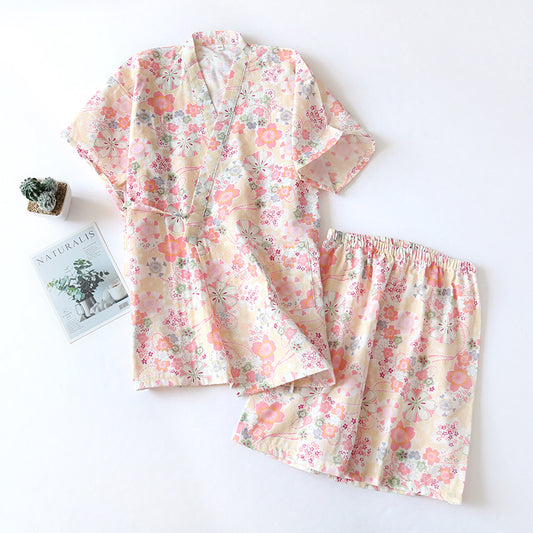 Buy Center Handpicked- Pajamas Summer Gauze Thin Short Sleeved Shorts Set Yellow Cherry Blossoms Female