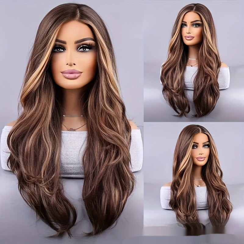 26-inch Elegant Women's Wig Brown Mixed Color Wavy Long Hair Synthetic Fiber Rose Mesh Cap Daily Wear | Health, Beauty & Hair3 | Buy Center