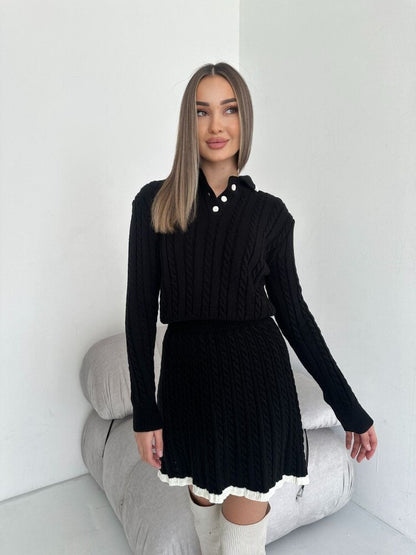 Buy Center Exclusive Offer-Long Sleeve Knitted Button Sweater Dress Suit Women Black