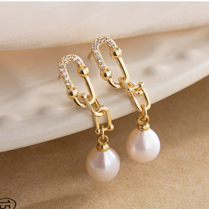 New Natural Freshwater Pearl Fashionable Retro Horseshoe Buckle S925 Silver Needle Earrings