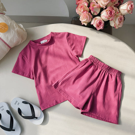 Hot New Items at Buy Center: Candy Color Children's Clothing Cotton Leisure Sports Suit Rose Red