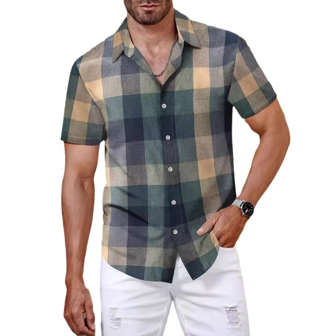 Plaid Shirt Men's Short Sleeve Fashion Korean Style Green Buy Center