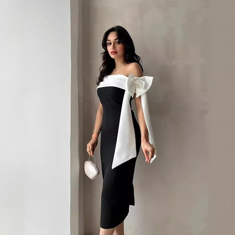 Women's Off-shoulder Bow Black And White Color Matching Elegant Cocktail Dress Buy Center