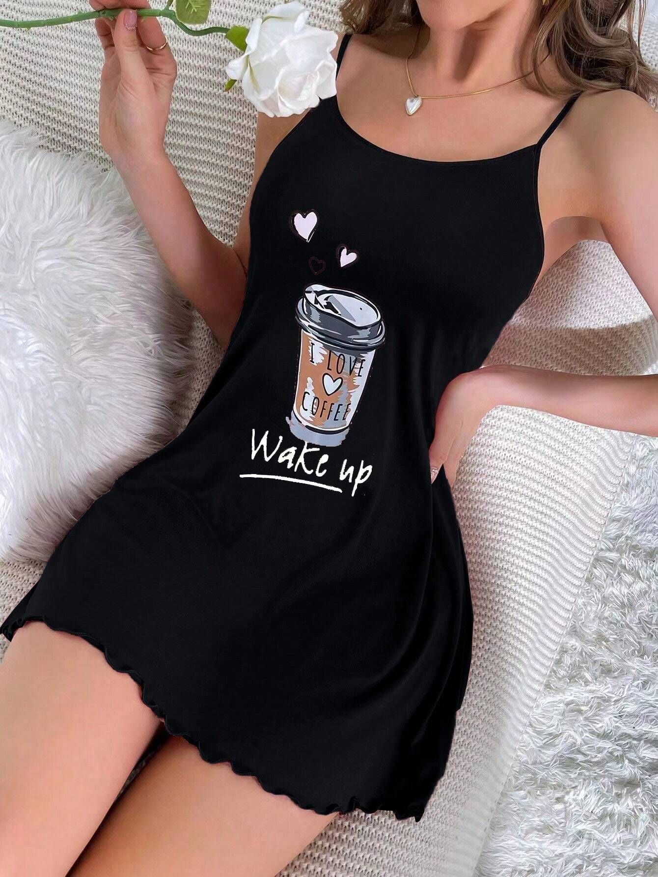 Newly Released at Buy Center: Women's Printed Nightdress With Suspenders 2 Coffee Black