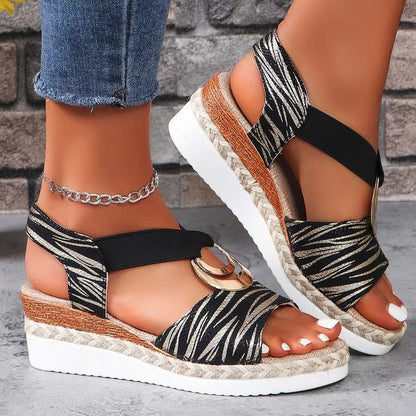 Trending Now at Buy Center: Women's Metal Buckle Hemp Rope Wedge Peep Toe Sandals