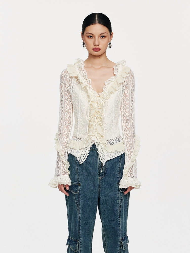 Fresh on the Scene at Buy Center: Lace Tie With Fungus Edge Long Sleeved Pullover