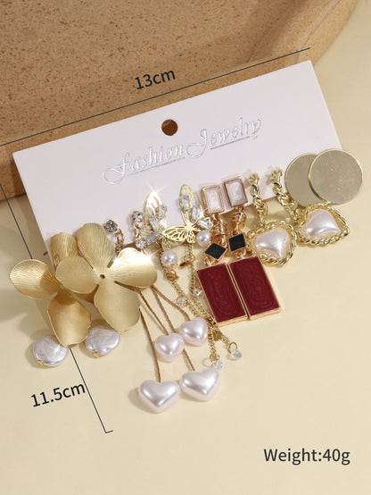 New European And American Creative French Pearl Butterfly Flower Earrings Water Drop Pearl Butterfly Chain Earrings 6-piece Set