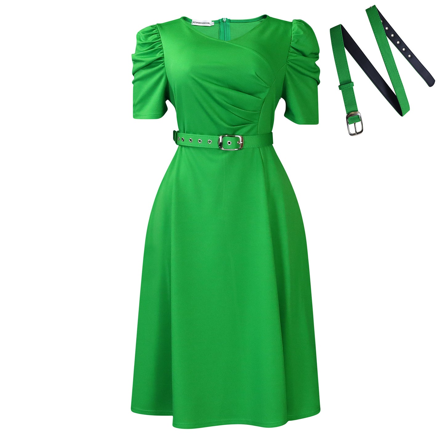 Buy Center Handpicked- Fashionable Temperament Elegant V-neck Pleated Swing Dress Green Belt