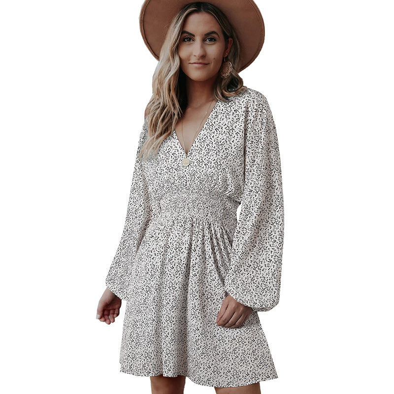 Fresh Arrivals at Buy Center: Polka Print Long Sleeve Dress V Neck Lantern Sleeve Pleated Waist Slim A-line Dress Women's Clothing White