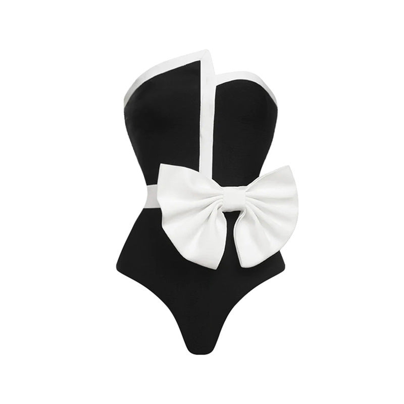 Trending Now at Buy Center: Black And White Color-blocking Bow Irregular Tube Top One-piece Swimsuit For Women Swimsuit