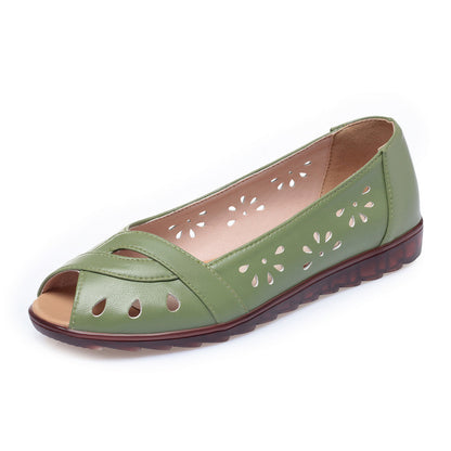 New Peep Toe Sandals Women's Flat Bottom Comfort Leather Soft Bottom Fruit Green