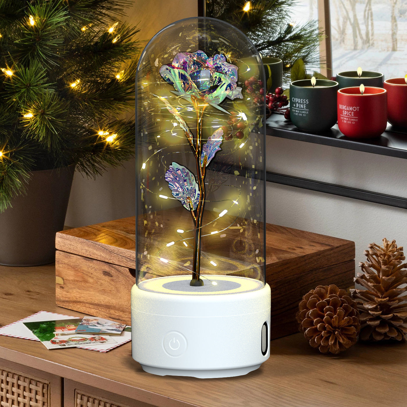 Creative 2 In 1 Rose Flowers LED Light And Bluetooth-compatible Speaker Valentine's Day Gift Rose Luminous Night Light Ornament In Glass Cover Buy Center