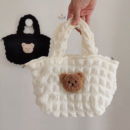 Bolso de mano acolchado con cabeza de oso de peluche tridimensional a cuadros