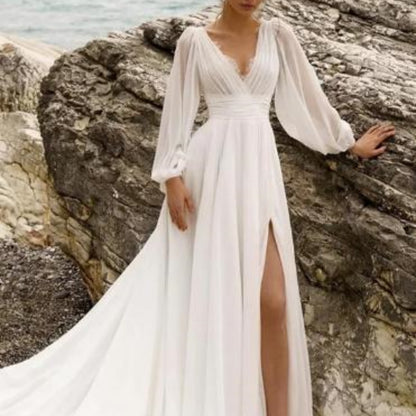 European And American High Waist Plus Size Deep V Long Sleeve Mopping Backless Wedding Dress High Slit | Women's Clothing-Weddings & Events-Weddi | Buy Center