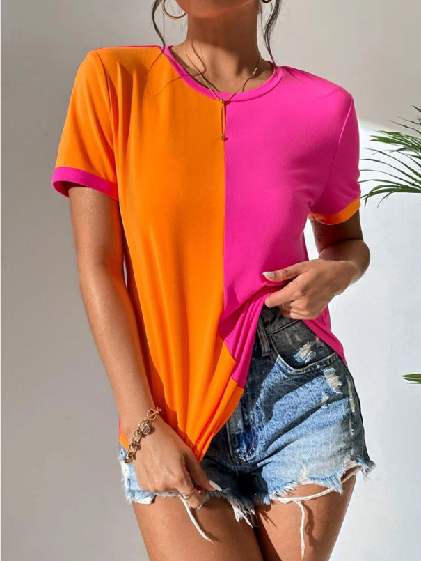 Just Arrived at Buy Center: Women's Color Matching Simple Casual All-match Round Neck Short Sleeve