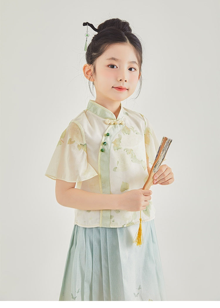 Fresh Arrivals at Buy Center: Girls Chinese Style Traditional Short Sleeve Horse-face Skirt Kids Clothes Two-piece Suit