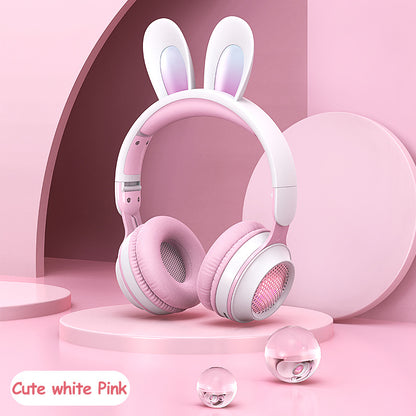 Rabbit Ear Headphones Wireless Luminous Extendable Wheat Headphones White pink