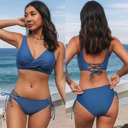 Newly Arrived at Buy Center: Sexy Halter Bikini Women's Split Lace-up Swimsuit Sea Blue