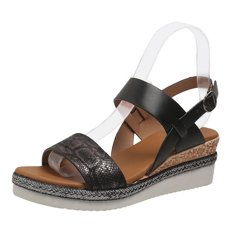 Trending Now at Buy Center: Spring And Summer New Wedge Round Toe Wide Strap Sandals For Women Black