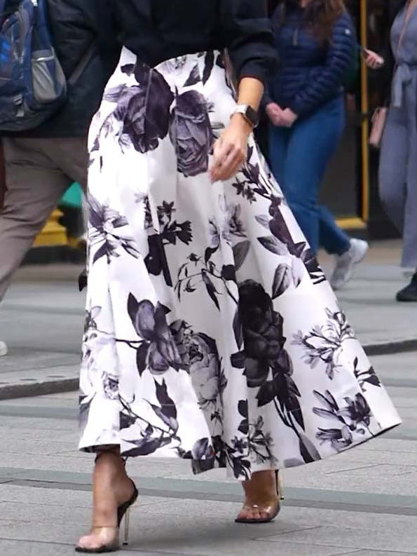 Buy Center Handpicked- Solid Color Long-sleeved Shirt & Printed Wide Skirt Suit Skirt