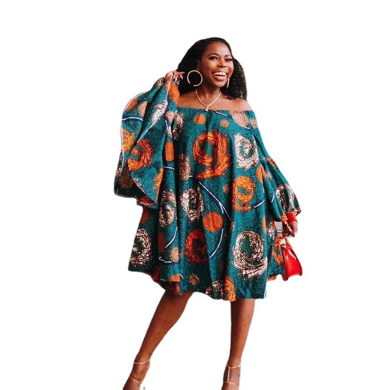 Buy Center Hot Pick-Temperament Commute Off-shoulder Bell Sleeve Printed Dress