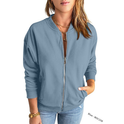 Women's Solid Color Zipper Jacket Coat Fashion Casual Cardigan Long Sleeve Stadiumjumper Blue