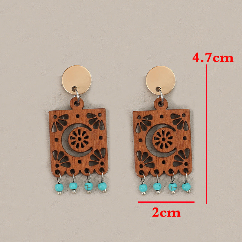 Buy Center Handpicked- Geometric Hollow Wooden Earrings Turquoise Tassel Retro Brown