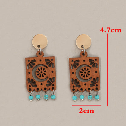 Buy Center Handpicked- Geometric Hollow Wooden Earrings Turquoise Tassel Retro Brown