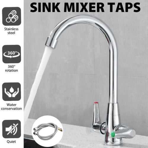 New Modern Kitchen Sink Mixer Taps Swivel Spout Twin Lever Tap Mono Faucet Chrome 1pcs