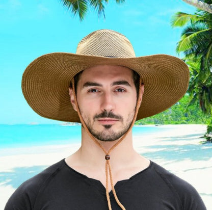 Sombrero de paja de ala grande de malla transpirable para hombre, protección solar para exteriores