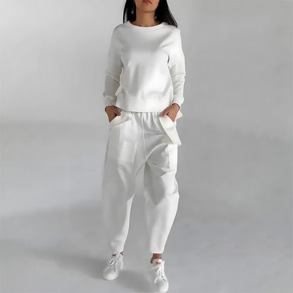 Newly Released at Buy Center: Solid Color Fashion Sweatshirt Long Sleeve Back Slit Top With Pockets Loose Trousers Women's Clothing White