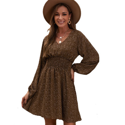 Fresh Arrivals at Buy Center: Polka Print Long Sleeve Dress V Neck Lantern Sleeve Pleated Waist Slim A-line Dress Women's Clothing Brown