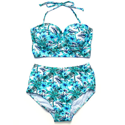 Hot New Items at Buy Center: Sweet Floral Gathering Steel Bracket Hard Cup High Waist Anti-exposure Split Swimsuit Blue