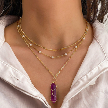 Buy Center Hot Pick-Hexagon Prism Crystal Natural Stone Necklace Hand Winding Purple